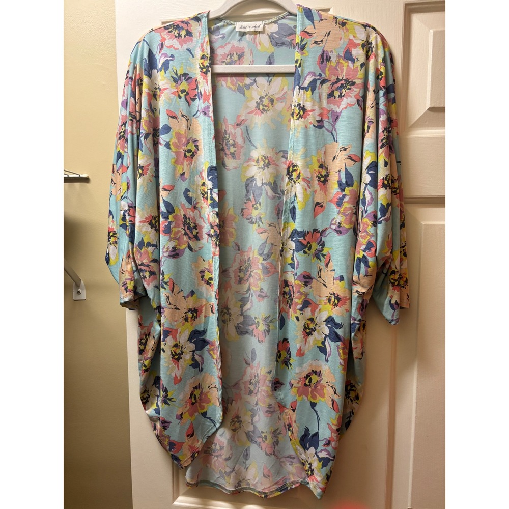 Lime & Chili Floral Open Front Cardigan Blue Pink Yellow Dolman Sleeve M
